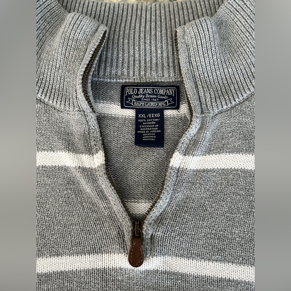Vintage Polo Ralph Lauren Gray White Stripe 1/4 Zip Sweater Flag Logo Size XXL - Picture 6 of 9